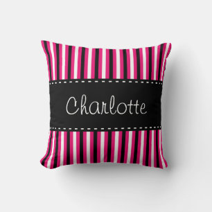 Stylish Personalised Black White Pink Stripes Cushion