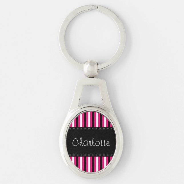 Stylish Personalised Black White Pink Stripes Key Ring (Front)