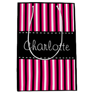Stylish Personalised Black White Pink Stripes Medium Gift Bag