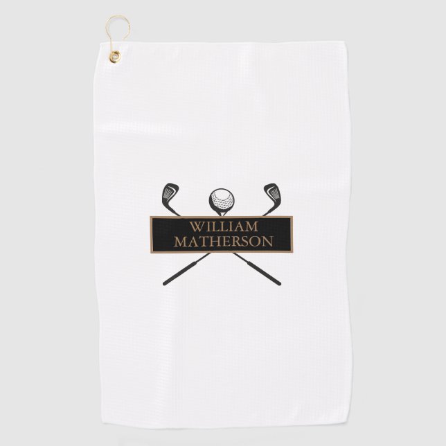 Stylish Personalised Gold and Black Classic Golf Towel (Front)