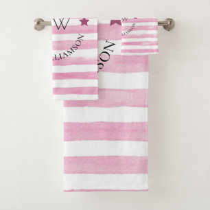 Stylish personalised pink stripes bath towel set