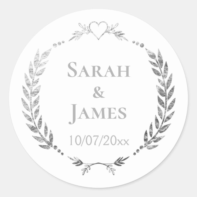 Stylish Personalised Silvery Grey Wreath Wedding Classic Round Sticker (Front)