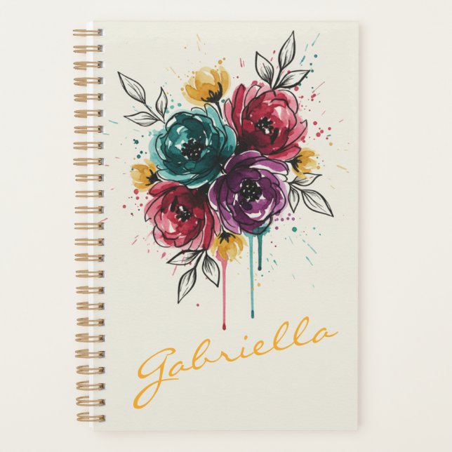 Stylish Personalized Vibrant Watercolor Floral Planner (Front)