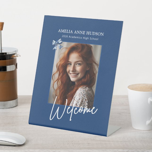 Stylish Photo Blue Bow Graduation Party Welcome Pedestal Sign (In SItu)