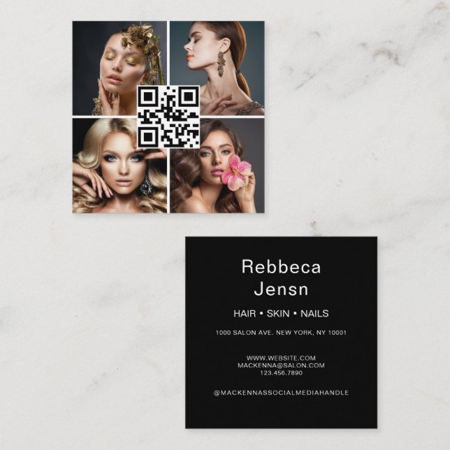Stylish photo collage chic makeup artist qr Code Square Business Card (Front/Back)