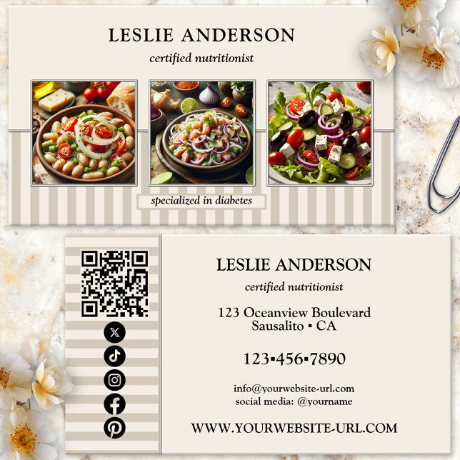 Stylish Photo Dietician Nutritionist Health Coach Business Card (Dietitian or nutritionist business card featuring your photos framed by a stylish tan striped design)