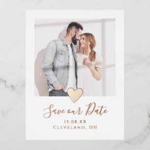Stylish Photo Heart Save the Date Real Rose Gold Foil Invitation Postcard