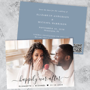 Stylish Photo QR Code Dusty Blue Wedding Save The Date