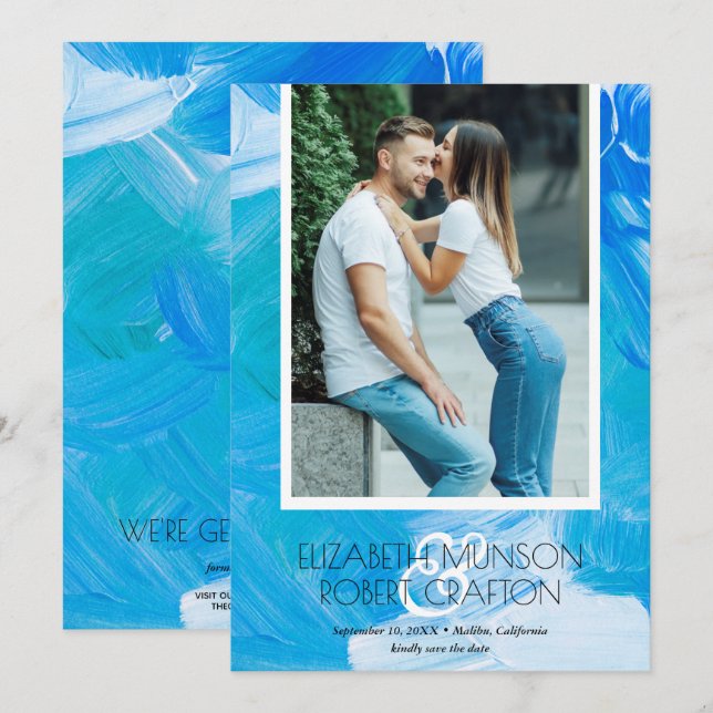 Stylish Photo Wedding Blue Save The Date (Front/Back)