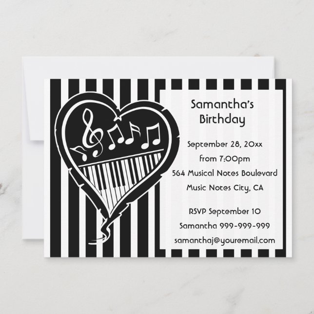 Stylish piano love heart music   Birthday Party Invitation (Back)