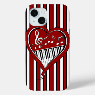 Stylish Piano Music Notes in Red Black and White iPhone 15 Case
