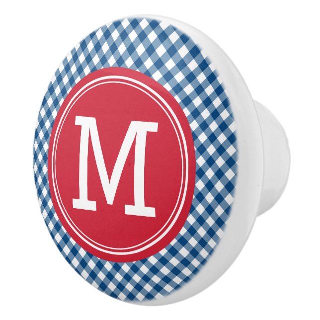 Stylish Picnic Blue Gingham and Red Monogram Ceramic Knob (Right)