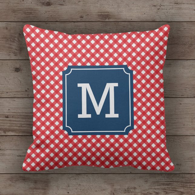 Stylish Picnic Red Gingham Name Monogram Cushion (Creator Uploaded)