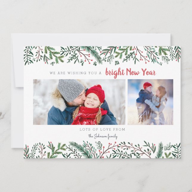 Stylish Pine Vines green trees New Year Holiday Card (Front)