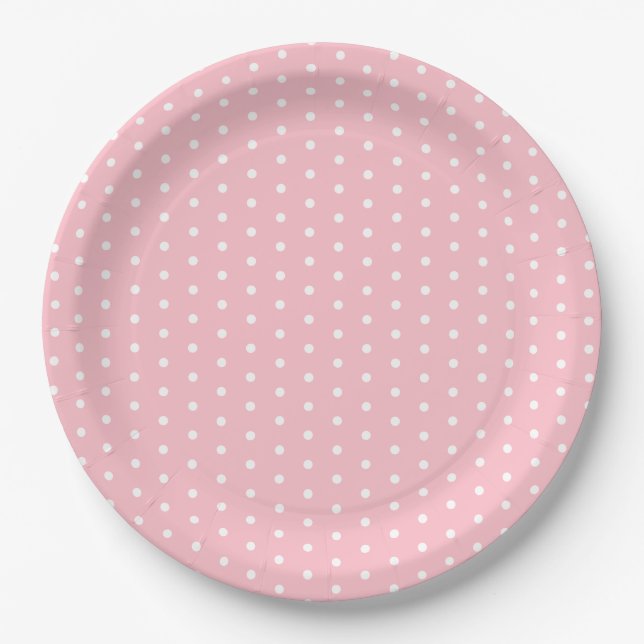 Stylish Pink 9" Round Paper Plate with White Dots (Front)