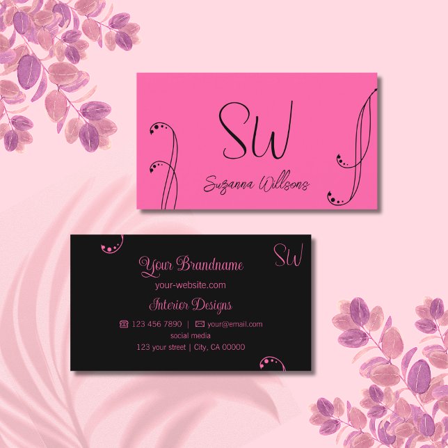 Stylish Pink and Black Chic Ornate with Monogram Business Card (Creator Uploaded)