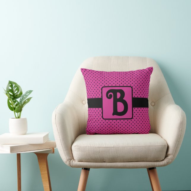 Stylish Pink and Black Dots Monogram Throw Pillow (Chair)