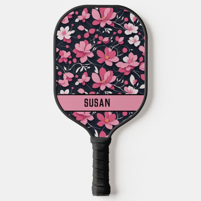 Stylish Pink and Black Floral Pattern/Personalise  Pickleball Paddle (Front)