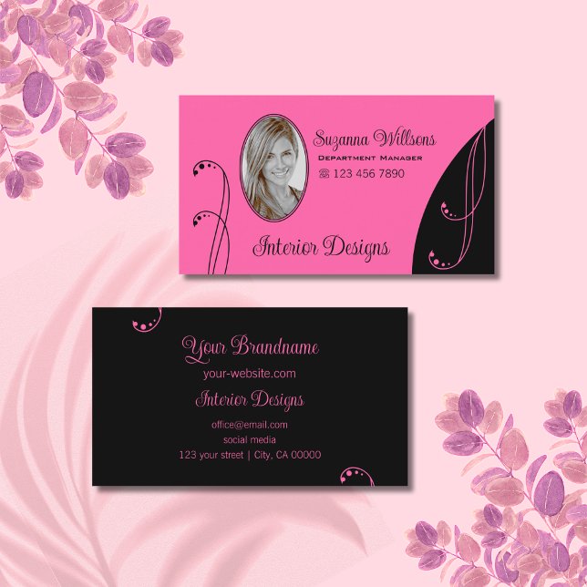 Stylish Pink and Black Ornate with Portrait Photo Business Card (Creator Uploaded)