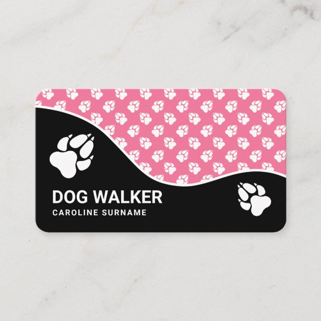 Stylish Pink And Black Paws Dog Walker Pet Sitting Business Card (Front)