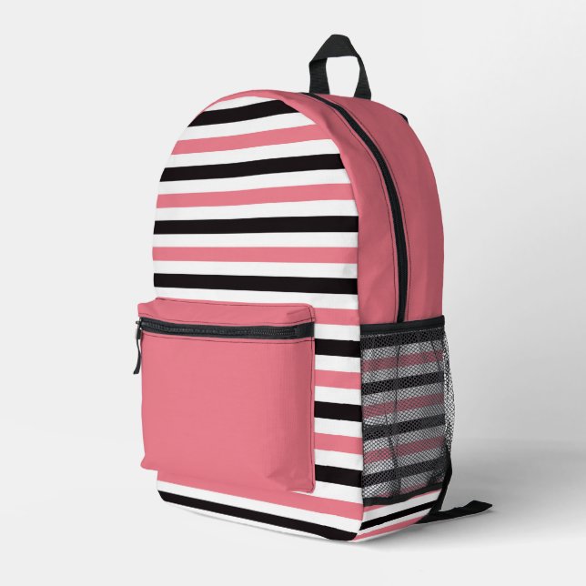  Stylish Pink and Black Striped Printed Backpack (Back Corner Right)