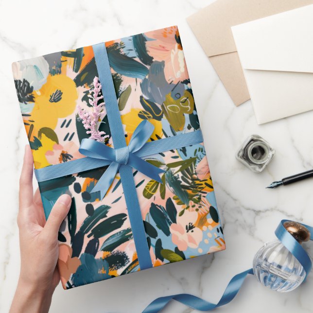 Stylish Pink and Blue Abstract Floral Pattern Wrapping Paper (Gifting)