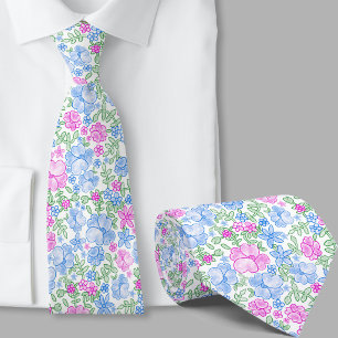Stylish Pink and Blue Floral Pattern Necktie