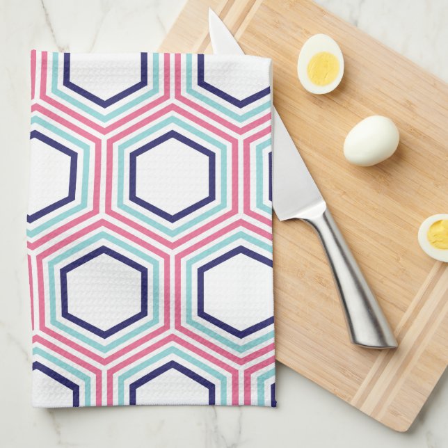Stylish Pink and Blue Geometric Pattern Tea Towel (Quarter Fold)