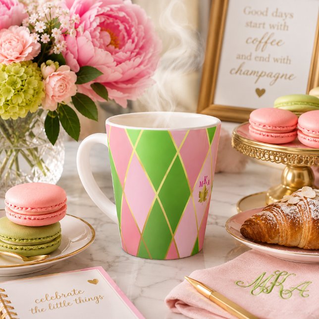 Stylish Pink and Green Argyle Monogrammed  Latte Mug (Stylish Pink and Green Argyle Monogrammed Latte Mug )