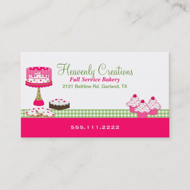 Stylish Pink and Green Bakery Business Card (Front)
