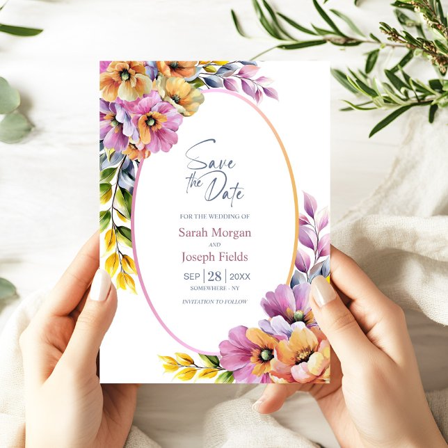 Stylish Pink and Orange Floral Save the Date Invitation (Creator Uploaded)