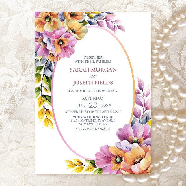 Stylish Pink and Orange Floral Wedding  Invitation (Creator Uploaded)