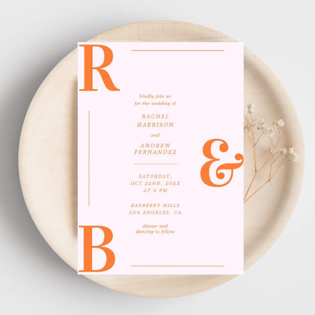 Stylish Pink and Orange Monogram QR Code Wedding Invitation (Creator Uploaded)