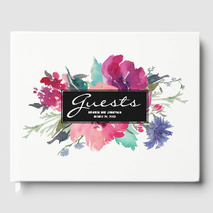 Stylish Pink and Purple Watercolor Floral Bouquet Guest Book