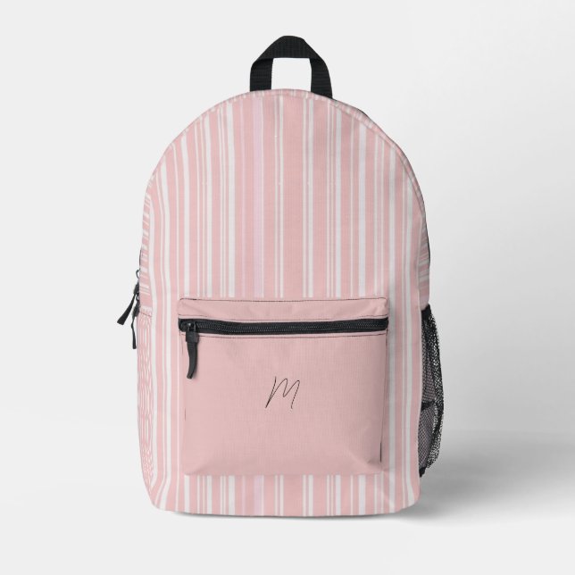 Stylish Pink and White Striped Printed Backpack (Front)