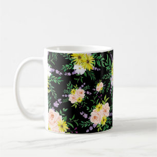 Stylish pink and yellow Floral pattern on black Coffee Mug
