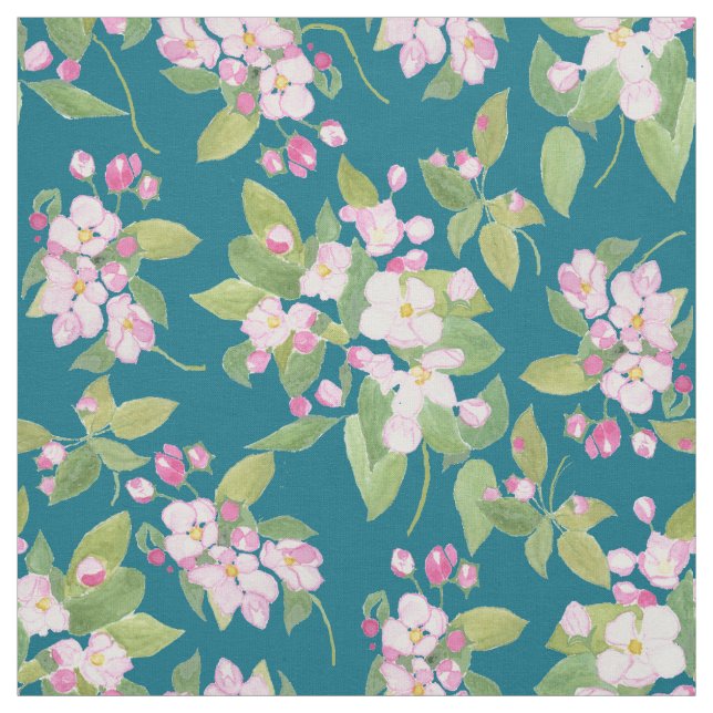 Stylish Pink Apple Blossom Pattern on Moody Blue Fabric (Swatch)
