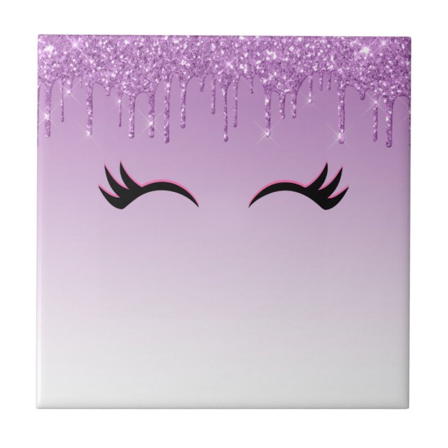 Stylish Pink & Black Eyelashes on Dripping Glitter Ceramic Tile (Front)