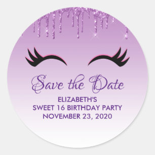 Stylish Pink & Black Eyelashes on Dripping Glitter Classic Round Sticker