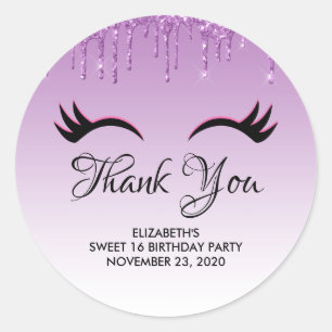 Stylish Pink & Black Eyelashes on Dripping Glitter Classic Round Sticker