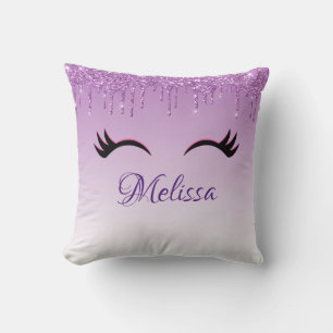 Stylish Pink & Black Eyelashes on Dripping Glitter Cushion