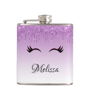 Stylish Pink & Black Eyelashes on Dripping Glitter Hip Flask