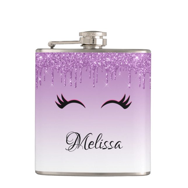 Stylish Pink & Black Eyelashes on Dripping Glitter Hip Flask (Front)