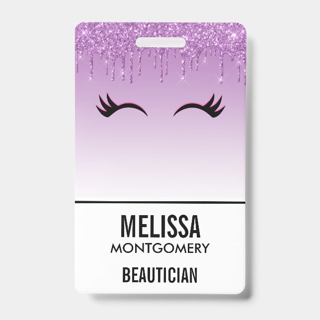 Stylish Pink & Black Eyelashes on Dripping Glitter ID Badge (Front)