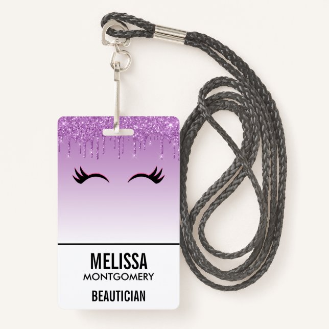 Stylish Pink & Black Eyelashes on Dripping Glitter ID Badge (Front with Lanyard)