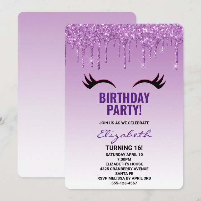 Stylish Pink & Black Eyelashes on Dripping Glitter Invitation (Front/Back)