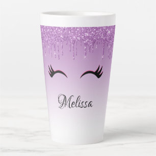 Stylish Pink & Black Eyelashes on Dripping Glitter Latte Mug