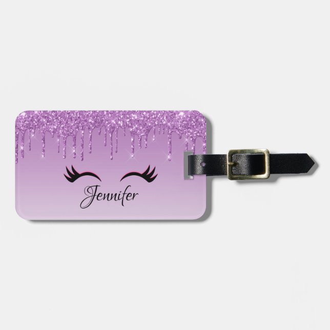 Stylish Pink & Black Eyelashes on Dripping Glitter Luggage Tag (Front Horizontal)