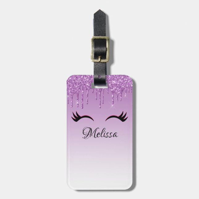 Stylish Pink & Black Eyelashes on Dripping Glitter Luggage Tag (Front Vertical)