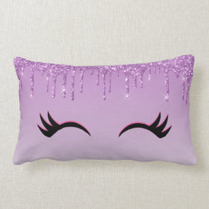 Stylish Pink & Black Eyelashes on Dripping Glitter Lumbar Cushion